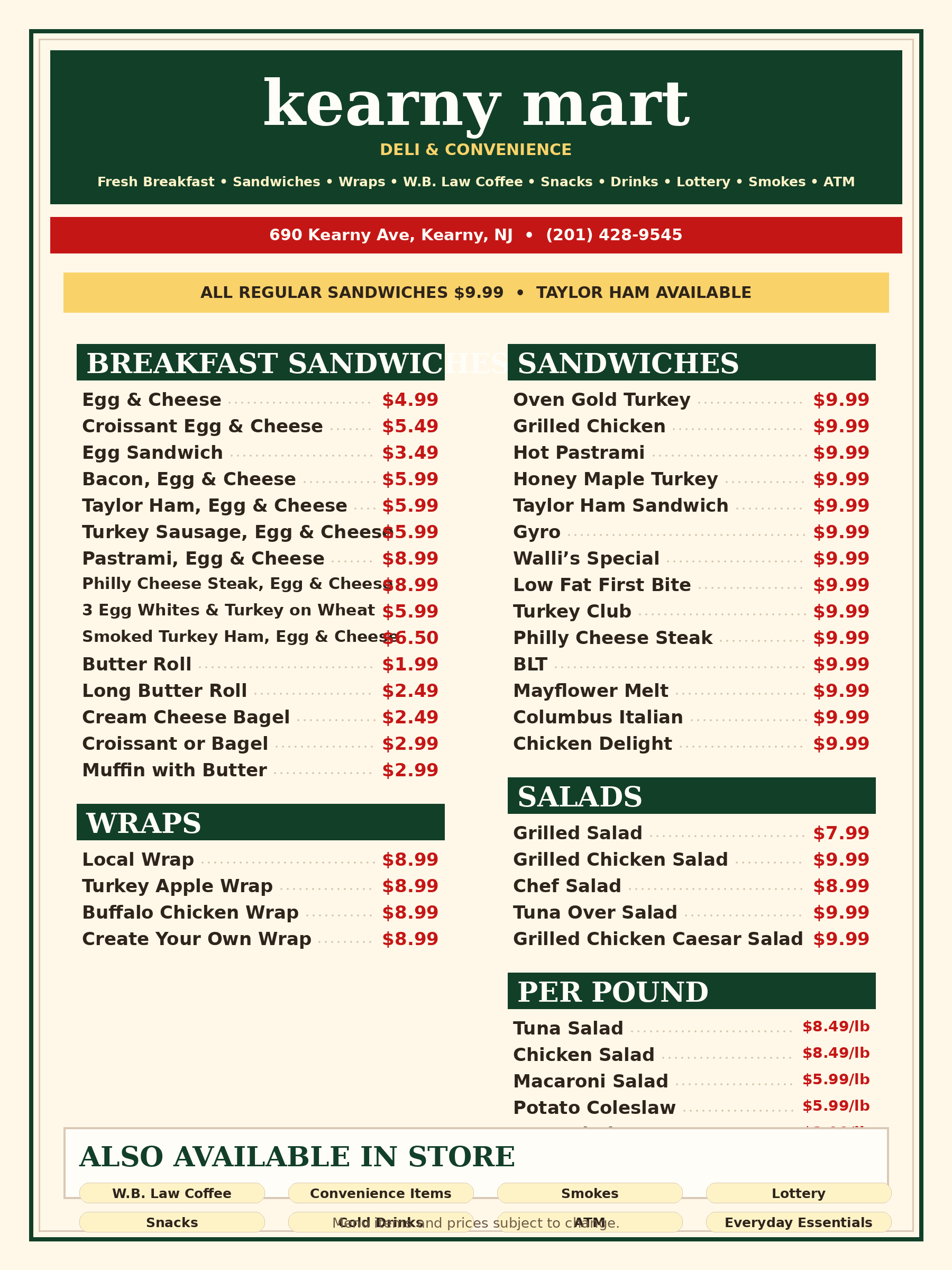 Kearny Mart updated menu